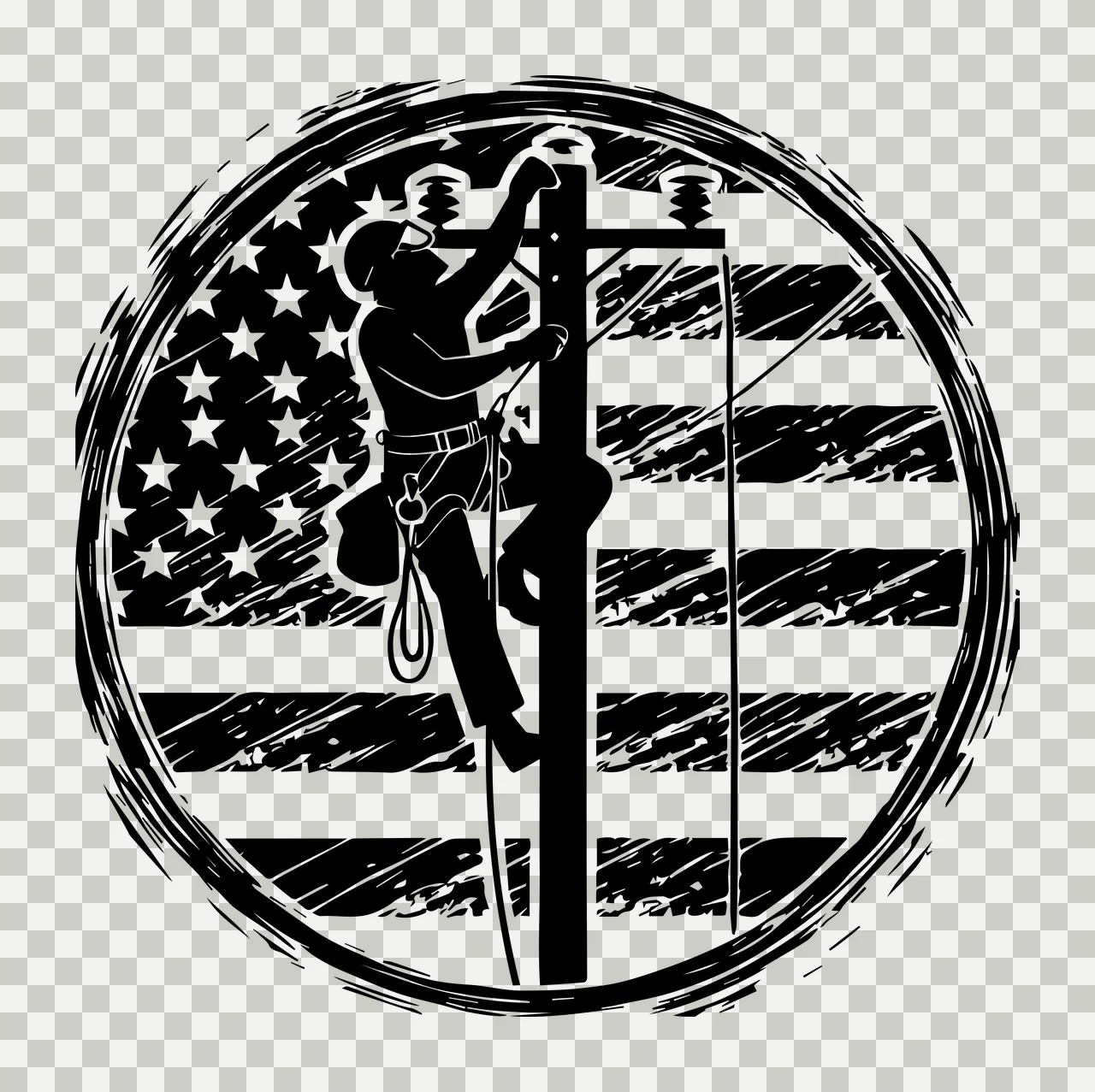 Utility Worker On Pole With Flag climbing American harness transparency and detail preview thumbnail
