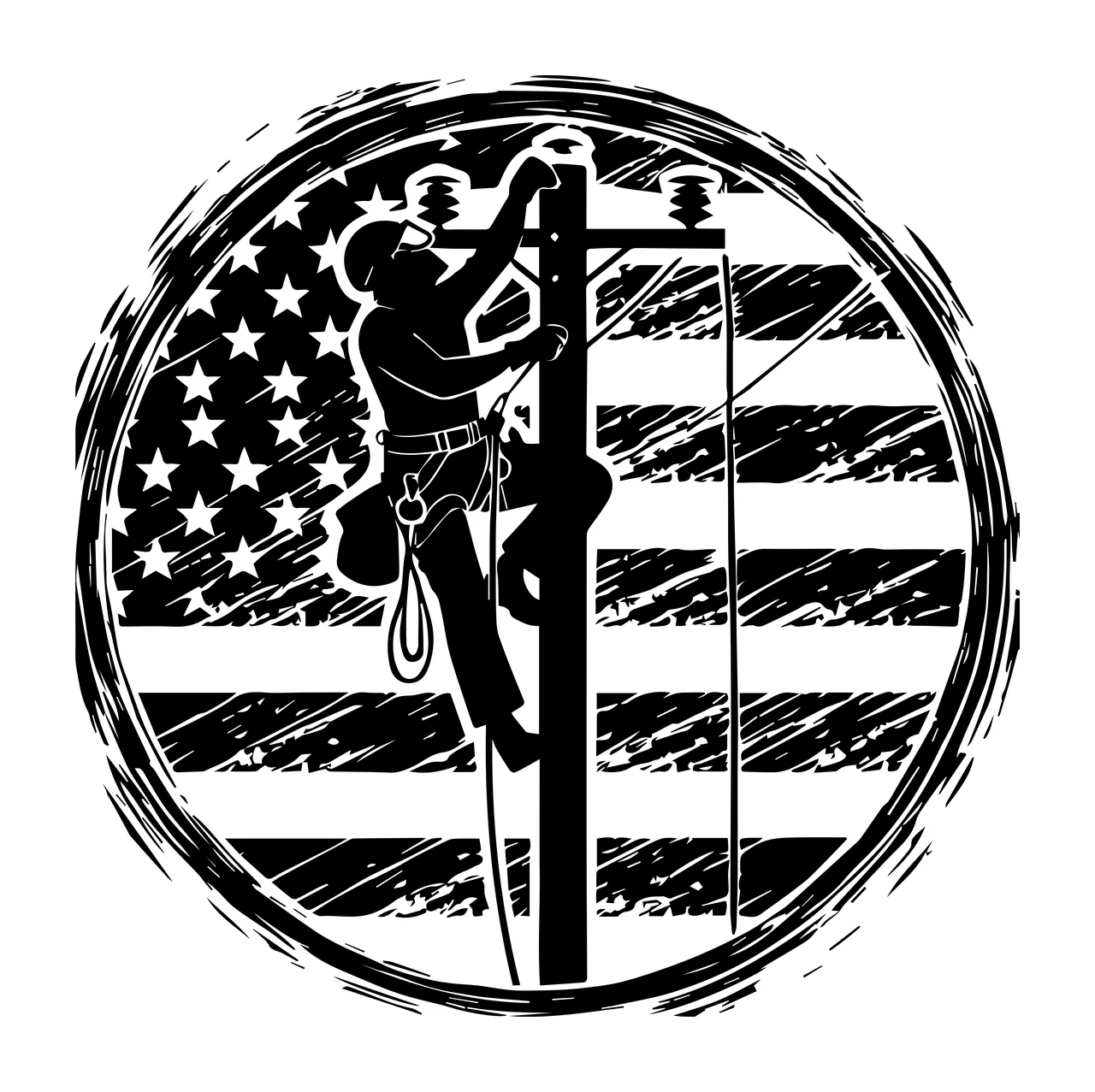 Utility Worker On Pole With Flag climbing American harness