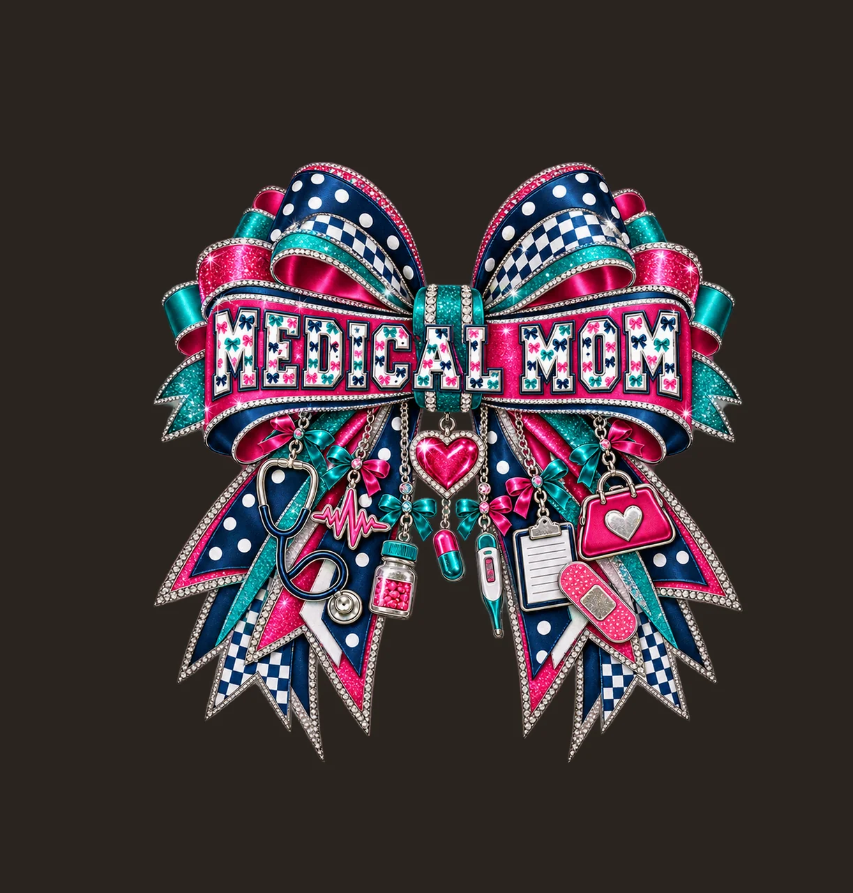 Medical Mom Bow Charm PNG, Patterned Varsity Mom Ribbon Clipart, Transparent Sublimation Digital Download contrast preview thumbnail