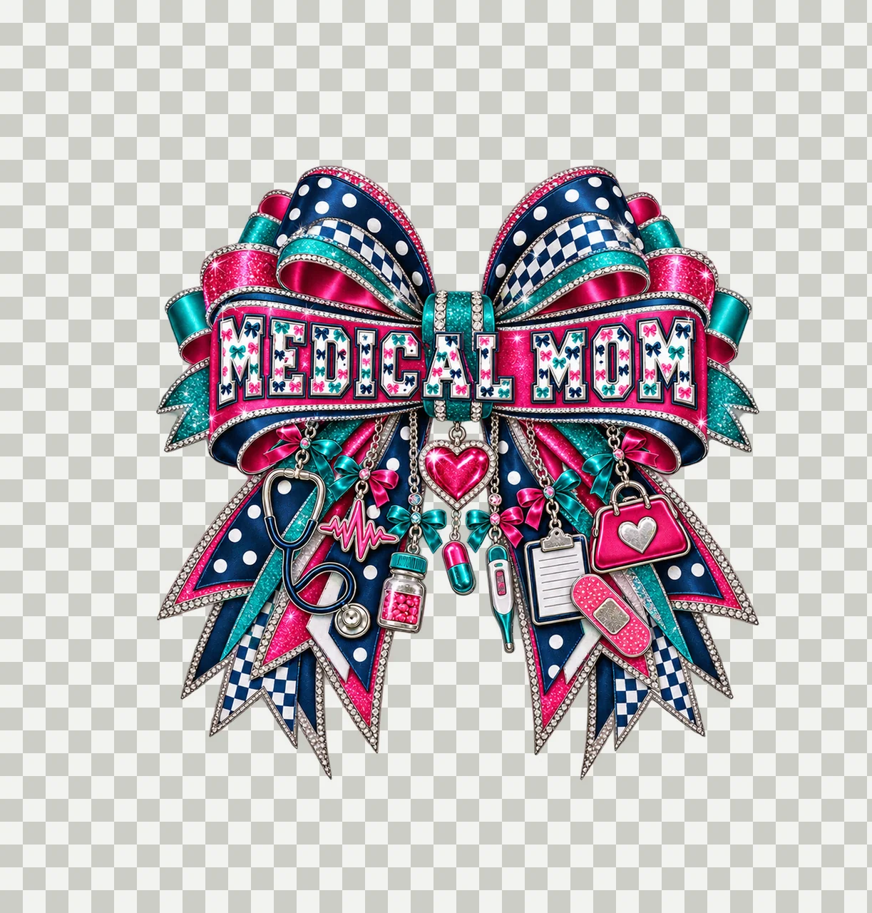 Medical Mom Bow Charm PNG, Patterned Varsity Mom Ribbon Clipart, Transparent Sublimation Digital Download transparency and detail preview thumbnail