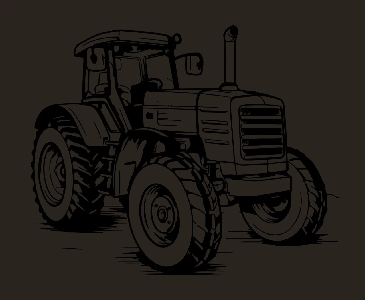 Tractor Vehicle In Black Line Art standing wheels exhaust pipe contrast preview thumbnail