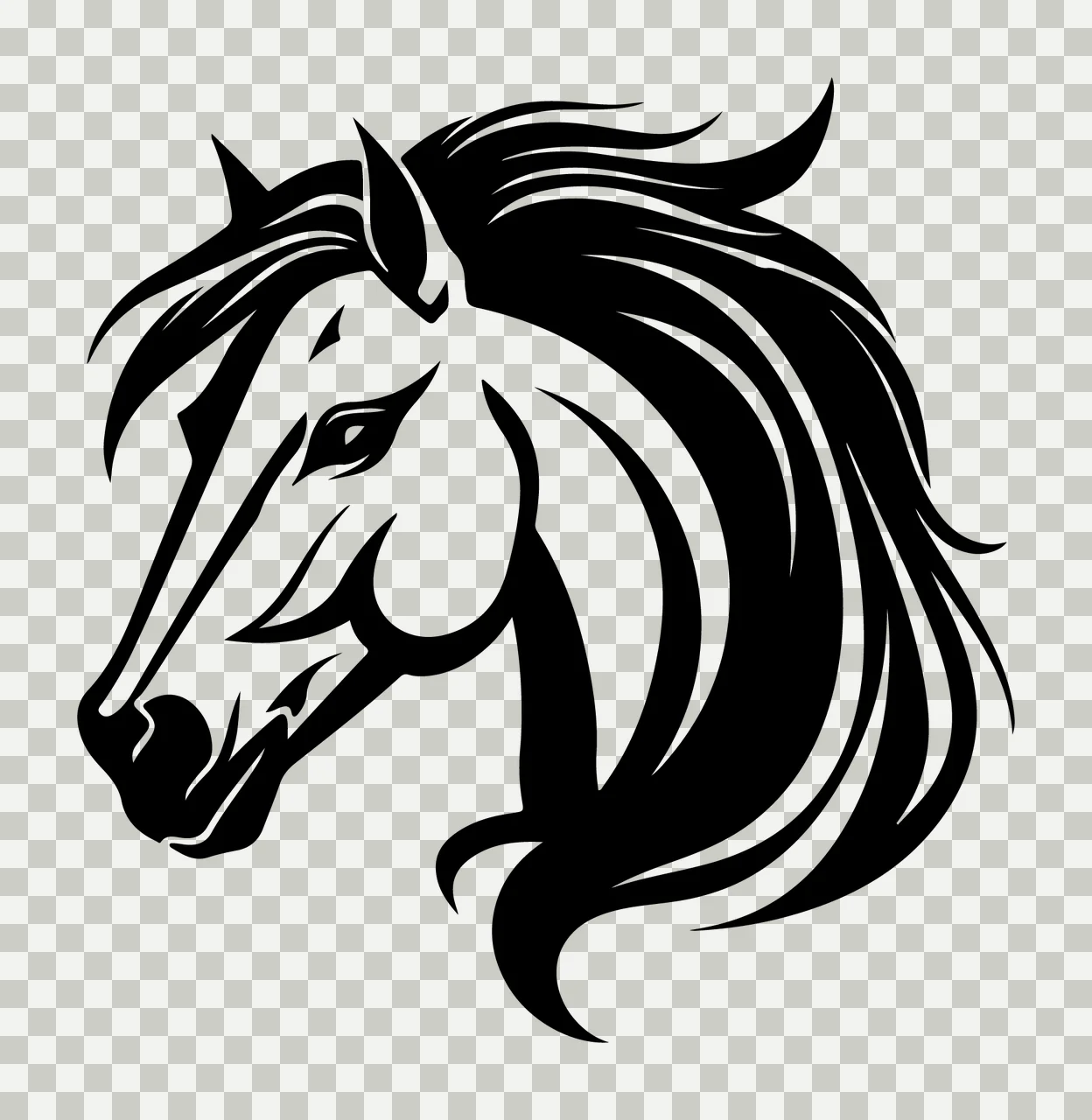 Horse Head Profile Of A With Flowing Wild mane black and white graphic transparency and detail preview thumbnail