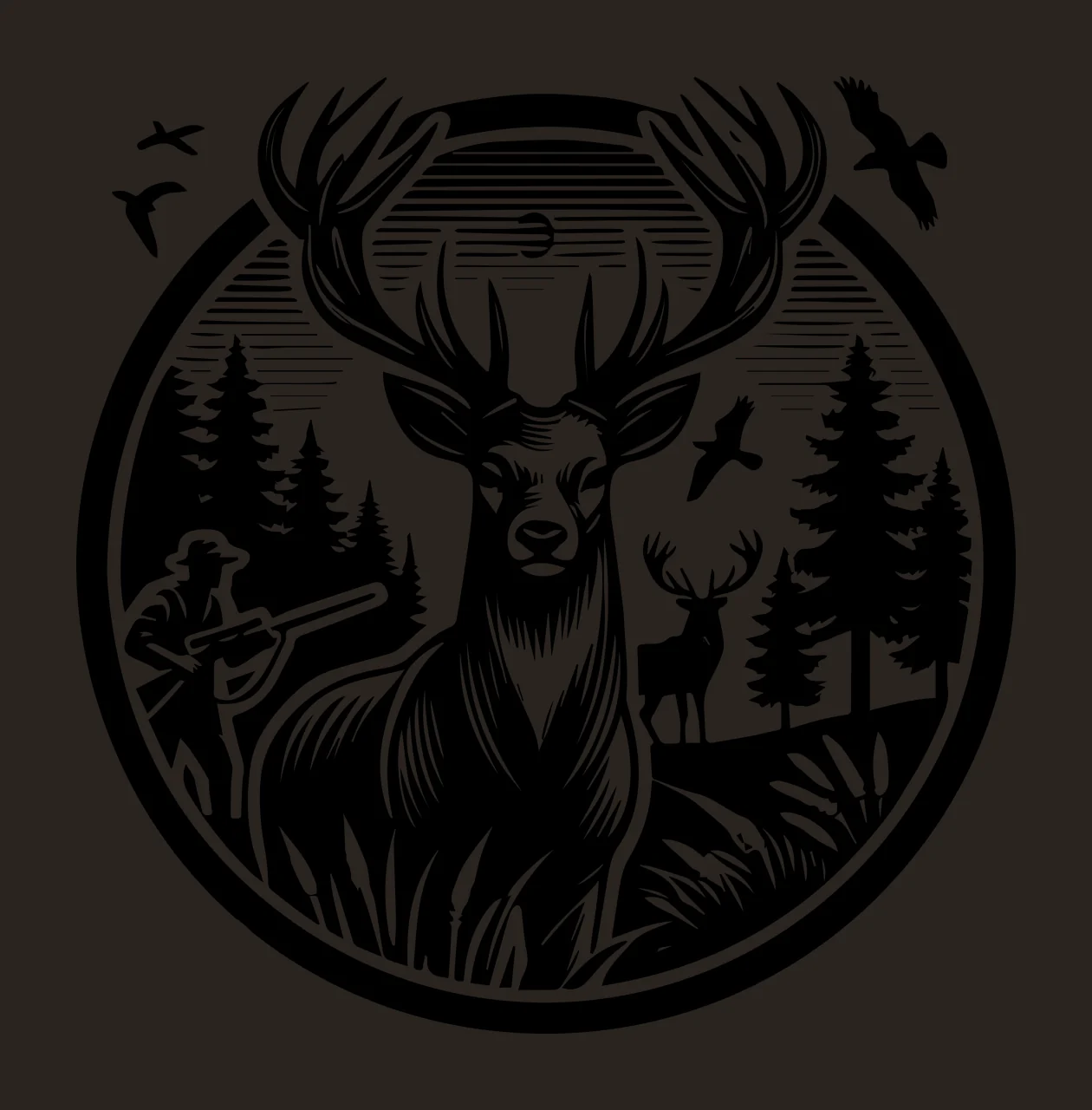 Stag In Forest Circular Black Silhouette standing deer trees contrast preview thumbnail