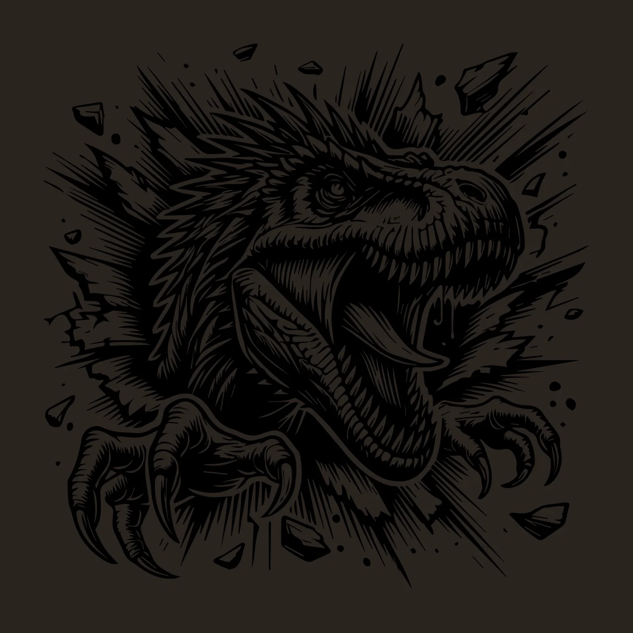 Wall Roaring Dinosaur Head Breaking Through teeth claws broken contrast preview thumbnail