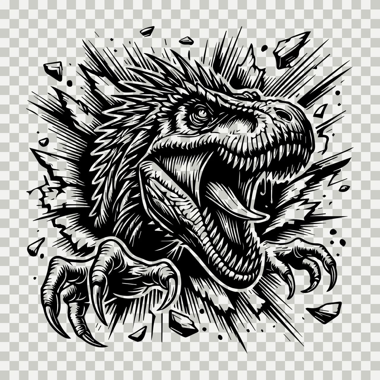 Wall Roaring Dinosaur Head Breaking Through teeth claws broken transparency and detail preview thumbnail