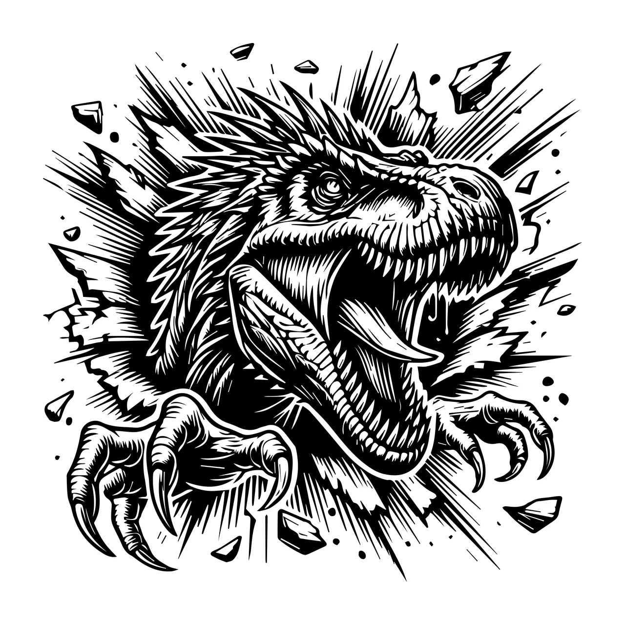 Wall Roaring Dinosaur Head Breaking Through teeth claws broken