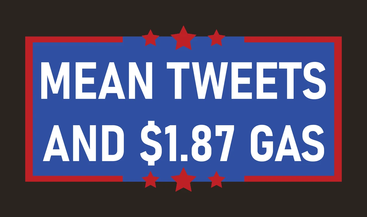 MEAN TWEETS AND $1.87 GAS political slogan sign Design with blue rectangle banner, red border frame, red stars and white bold sans-serif text contrast preview thumbnail