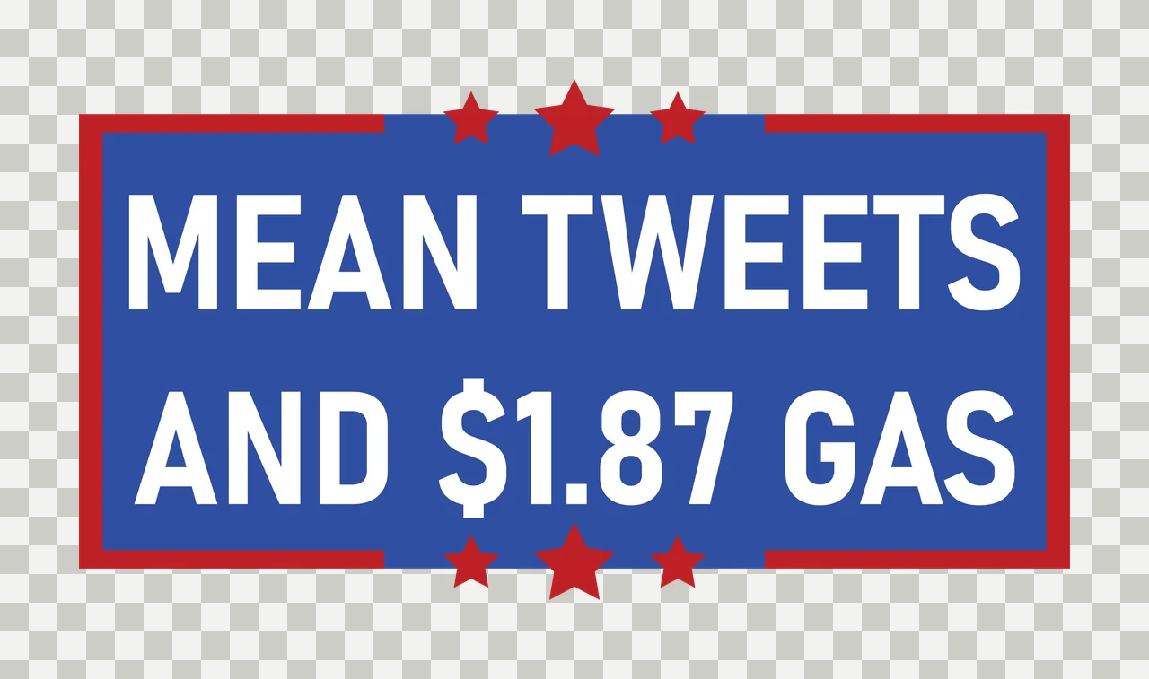 MEAN TWEETS AND $1.87 GAS political slogan sign Design with blue rectangle banner, red border frame, red stars and white bold sans-serif text transparency and detail preview thumbnail