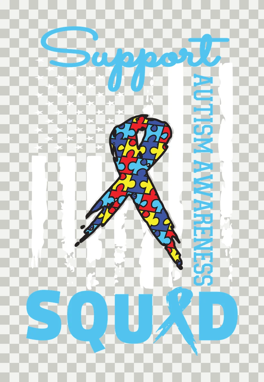 Support AUTISM AWARENESS SQUAD Awareness Typography Design with blue cursive 'Support' text, vertical blue 'AUTISM AWARENESS' text, blue 'SQUAD' text with ribbon-shaped 'A' and puzzle piece ribbon transparency and detail preview thumbnail