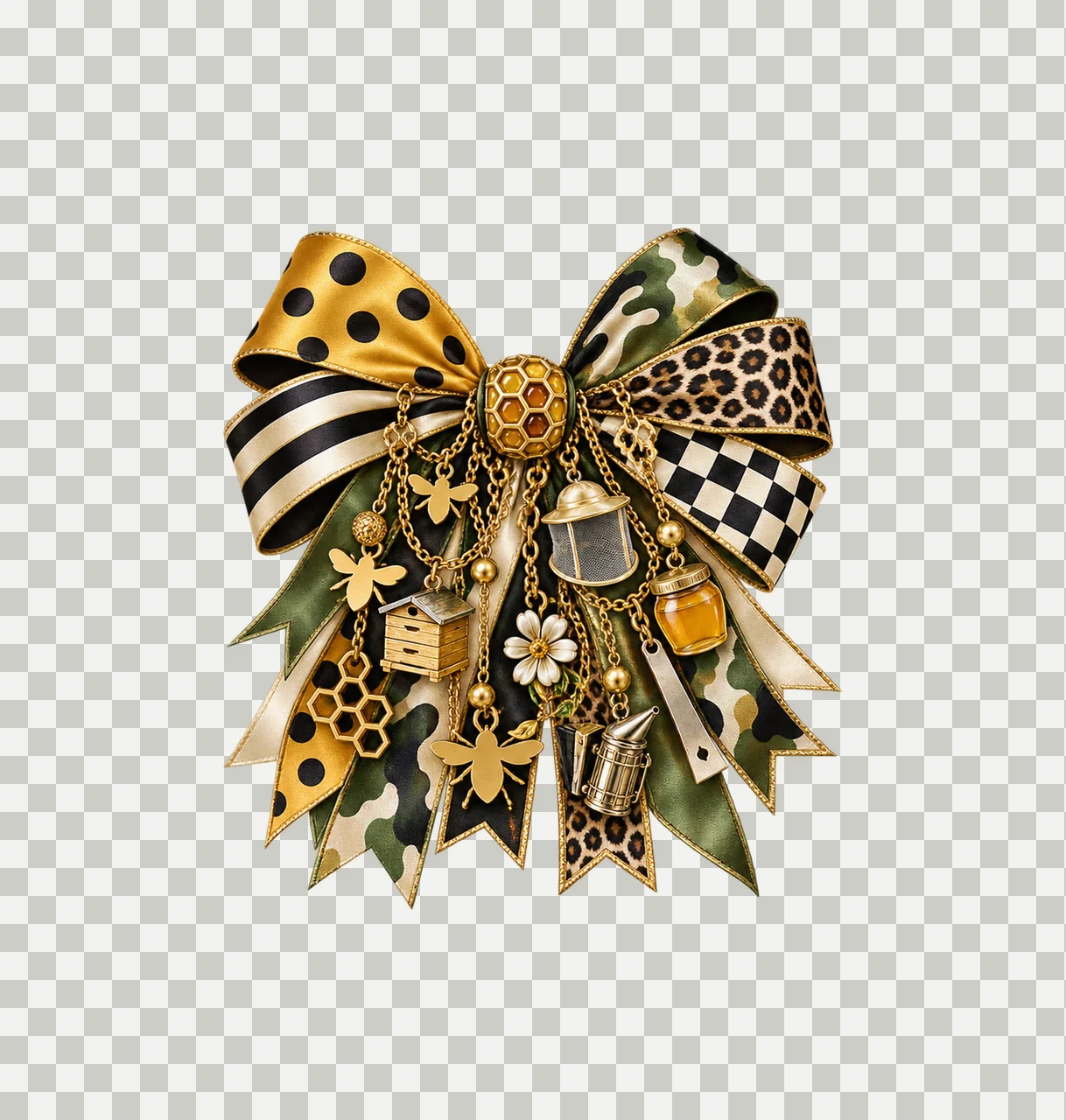 Beekeeper Bow Charm PNG, Themed Gold Chain Charms, Coquette Ribbon Sublimation Design, Transparent Digital Download transparency and detail preview thumbnail