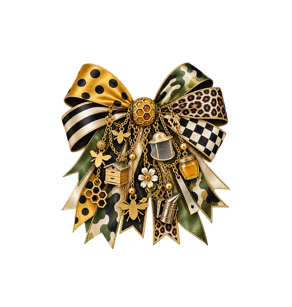 Beekeeper Bow Charm PNG, Themed Gold Chain Charms, Coquette Ribbon Sublimation Design, Transparent Digital Download