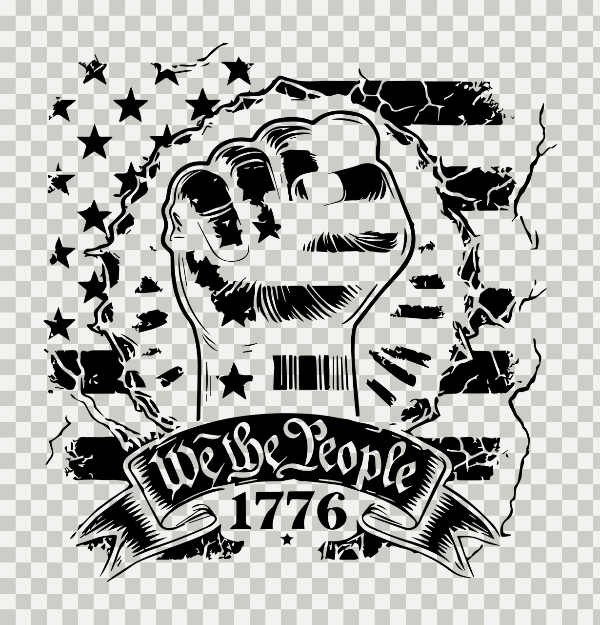 We The People 1776 Fist Emblem clenched flag ribbon cracks transparency and detail preview thumbnail