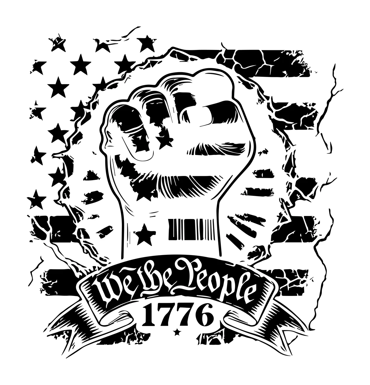 We The People 1776 Fist Emblem clenched flag ribbon cracks