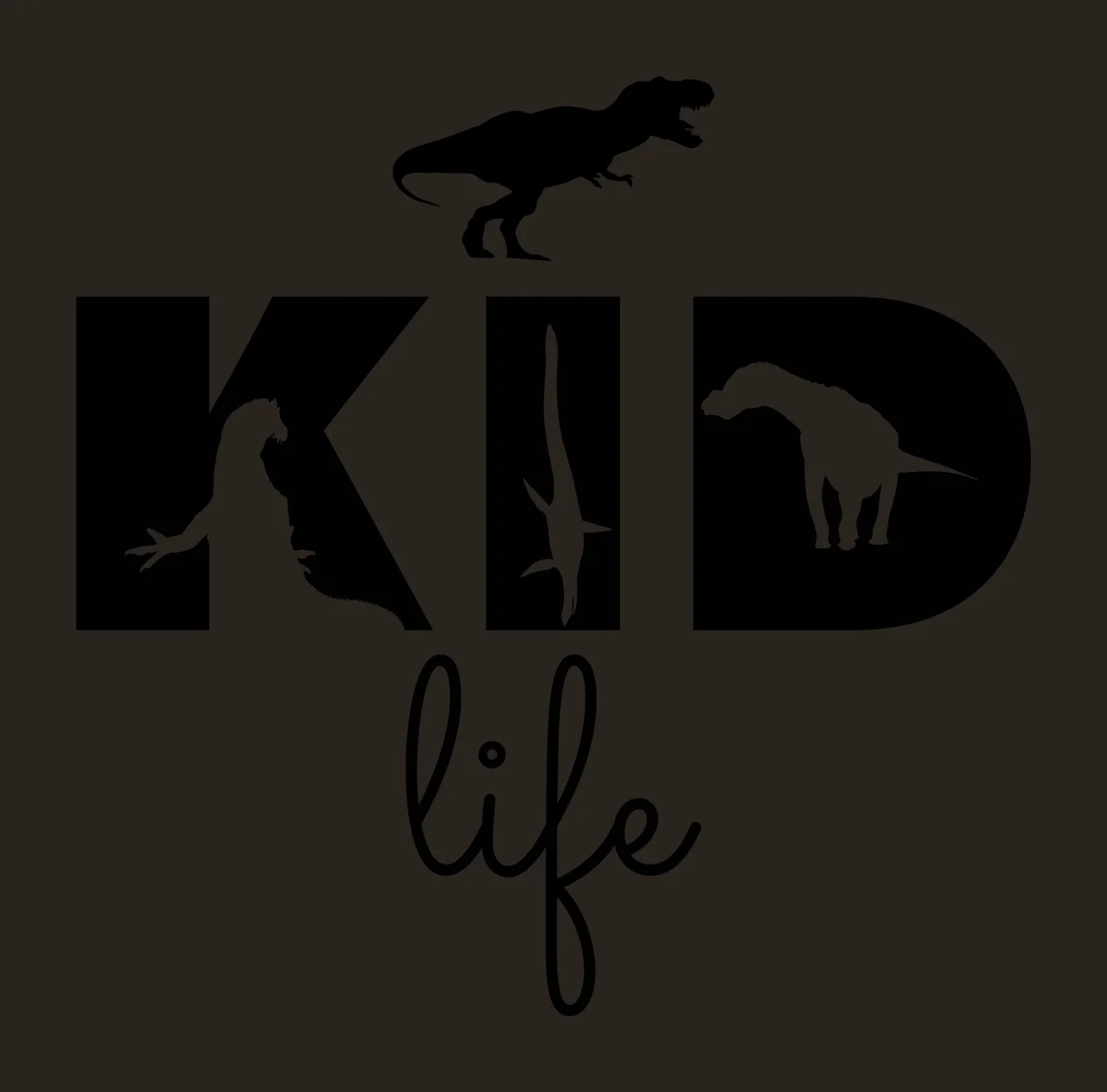 KID life Typography Design with text and dinosaur silhouettes in black and white contrast preview thumbnail