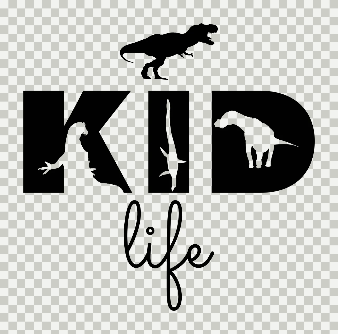 KID life Typography Design with text and dinosaur silhouettes in black and white transparency and detail preview thumbnail