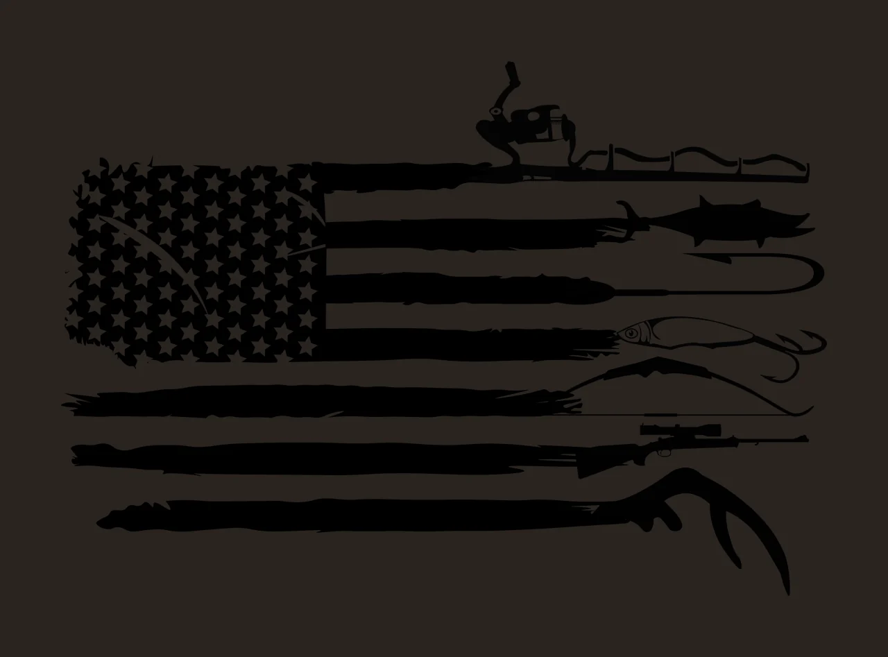 Fishing Hunting And Items Over Flag Background rod fish hook contrast preview thumbnail