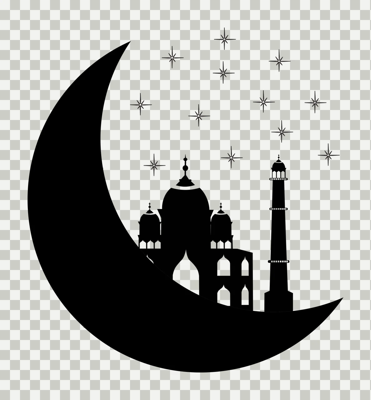 Silhouette of mosque and minaret inside crescent moon with stars Illustration with black crescent moon, silhouette of mosque with domes and arched windows, silhouette of minaret with balconies transparency and detail preview thumbnail