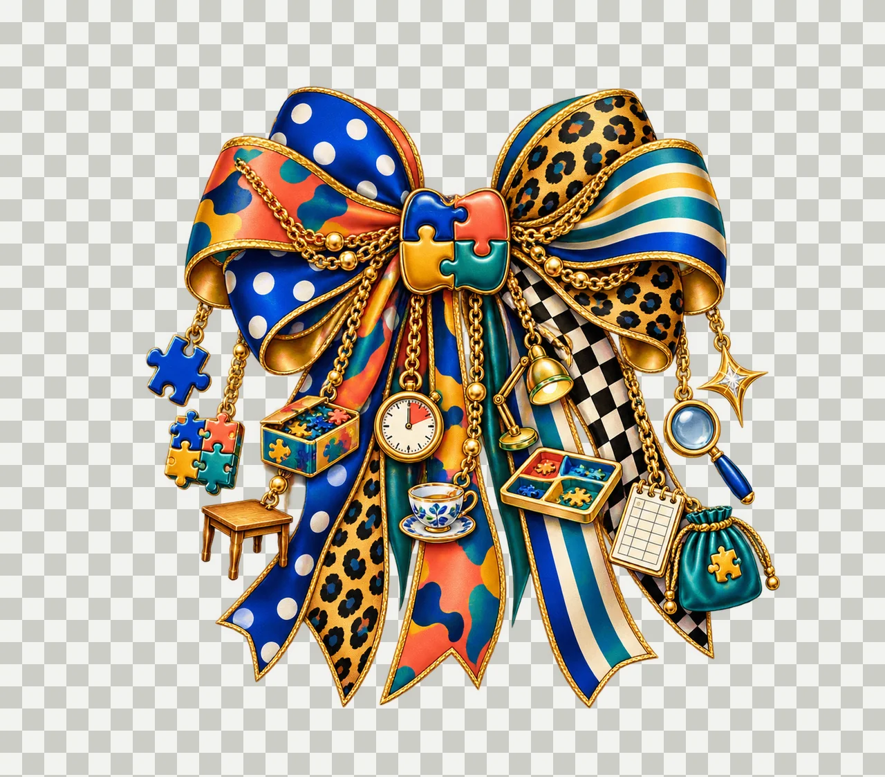 Jigsaw Puzzle Lover Bow Charm PNG, Themed Gold Chain Charms, Coquette Ribbon Sublimation Design, Transparent Digital Download transparency and detail preview thumbnail