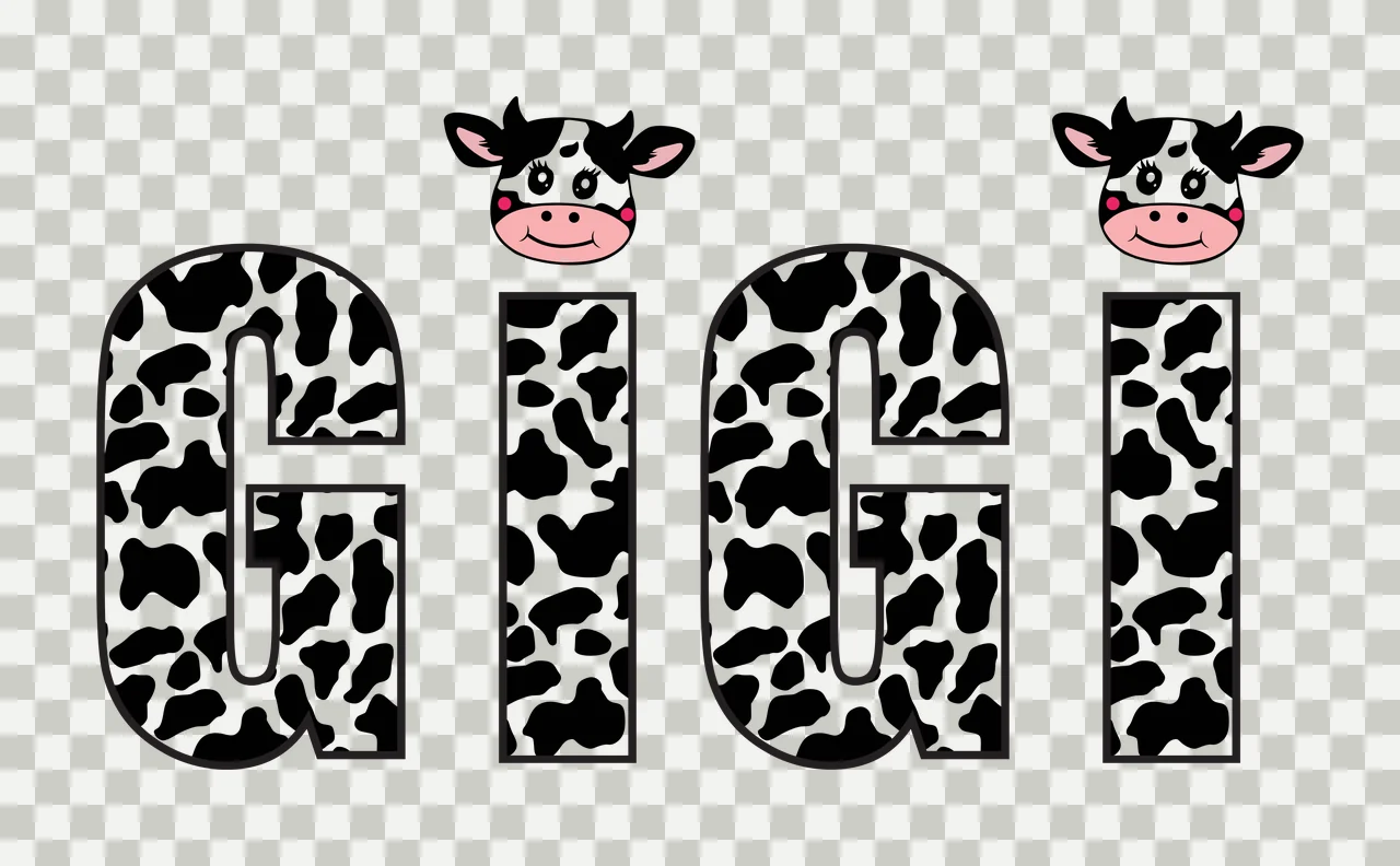GIGI Typography Design with cow-print letters G I G I, two cartoon cow heads and black outline on white background in pink transparency and detail preview thumbnail