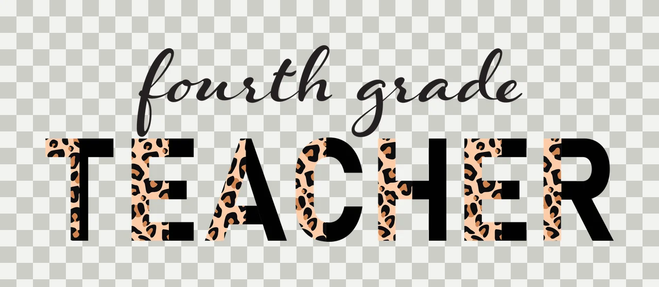 Fourth grade TEACHER Typography Design with fourth grade cursive text, TEACHER bold uppercase letters, leopard print pattern and split color typography in black, tan and brown transparency and detail preview thumbnail