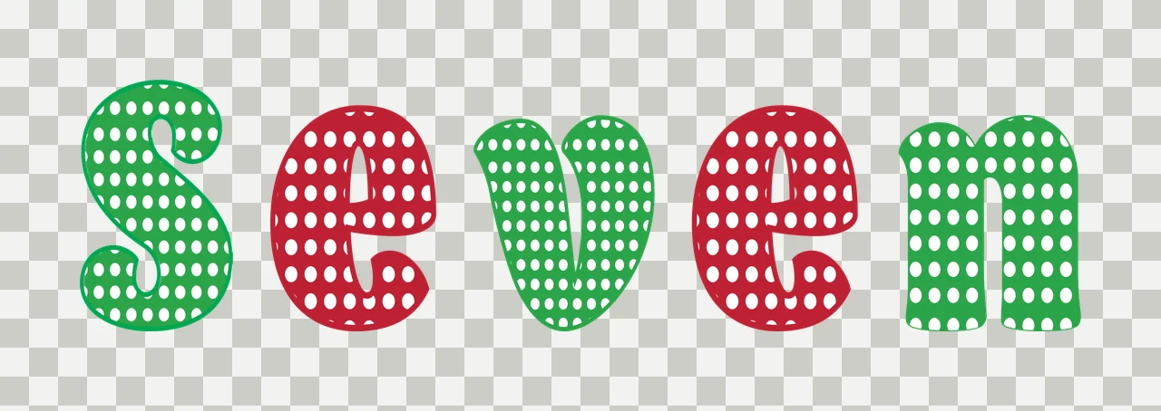 Seven Typography Design with lowercase letter s and polka dot pattern in red, green and white transparency and detail preview thumbnail