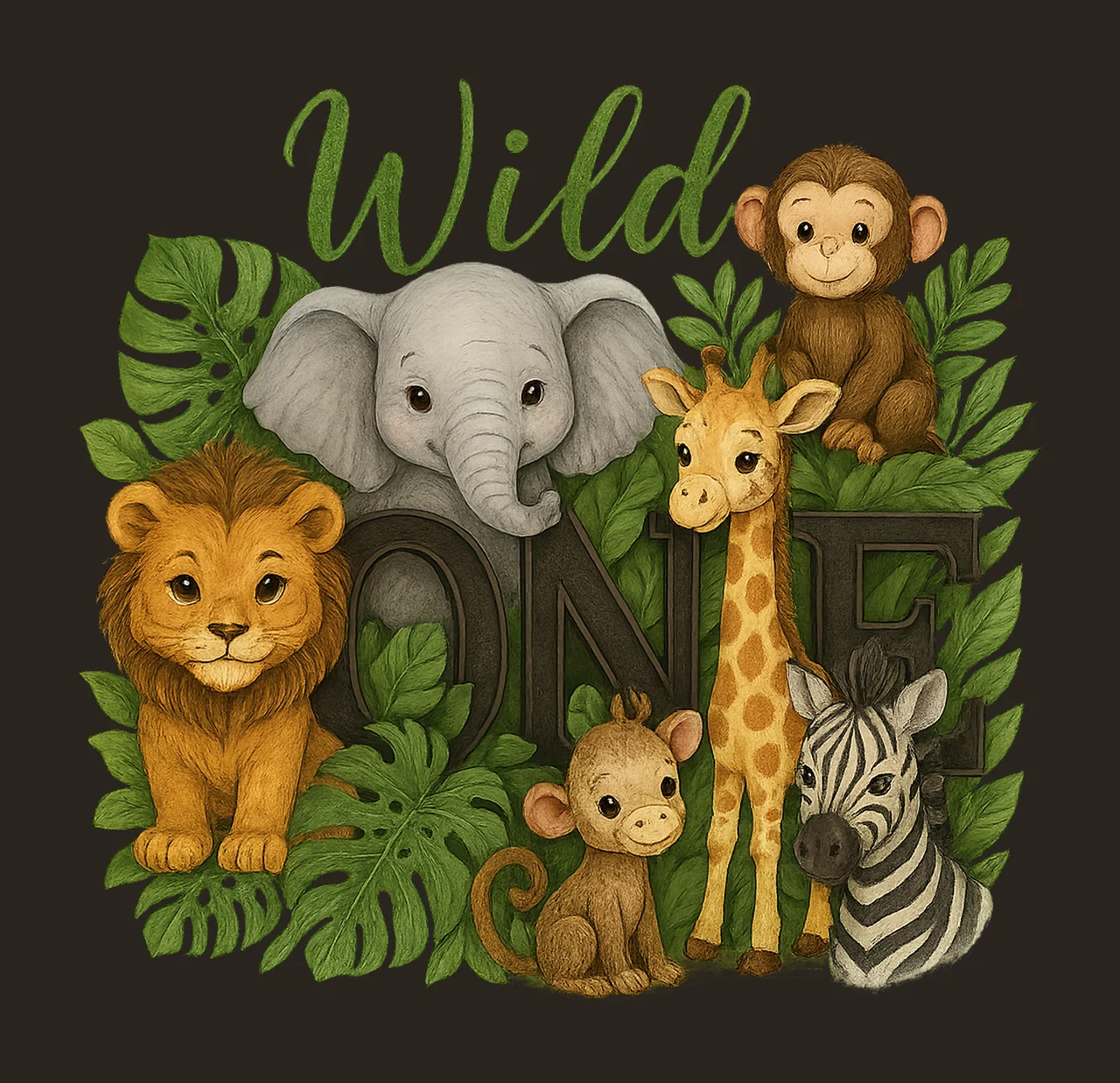 Wild One Safari Birthday Jungle Animals Watercolor First contrast preview thumbnail