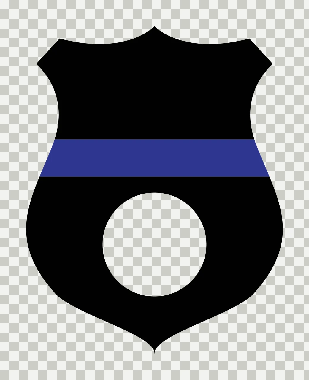 Shield emblem Illustration with black shield, blue horizontal stripe and white circle cutout transparency and detail preview thumbnail
