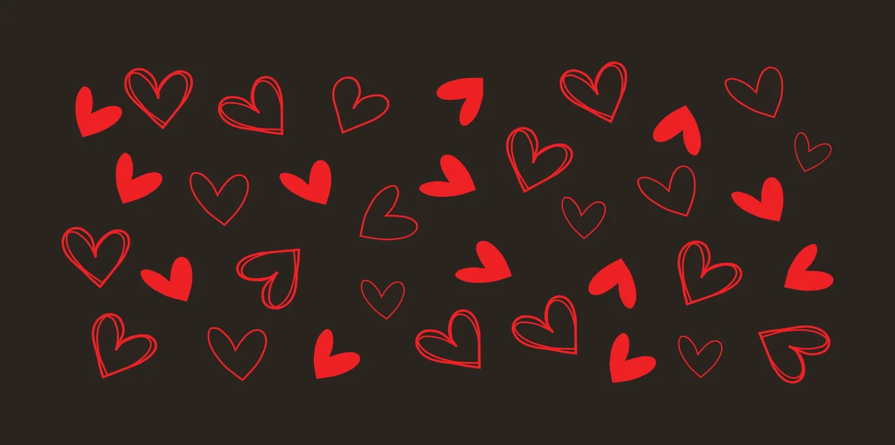 Heart doodle pattern Illustration with red solid hearts, red outlined hearts and white outlined hearts contrast preview thumbnail