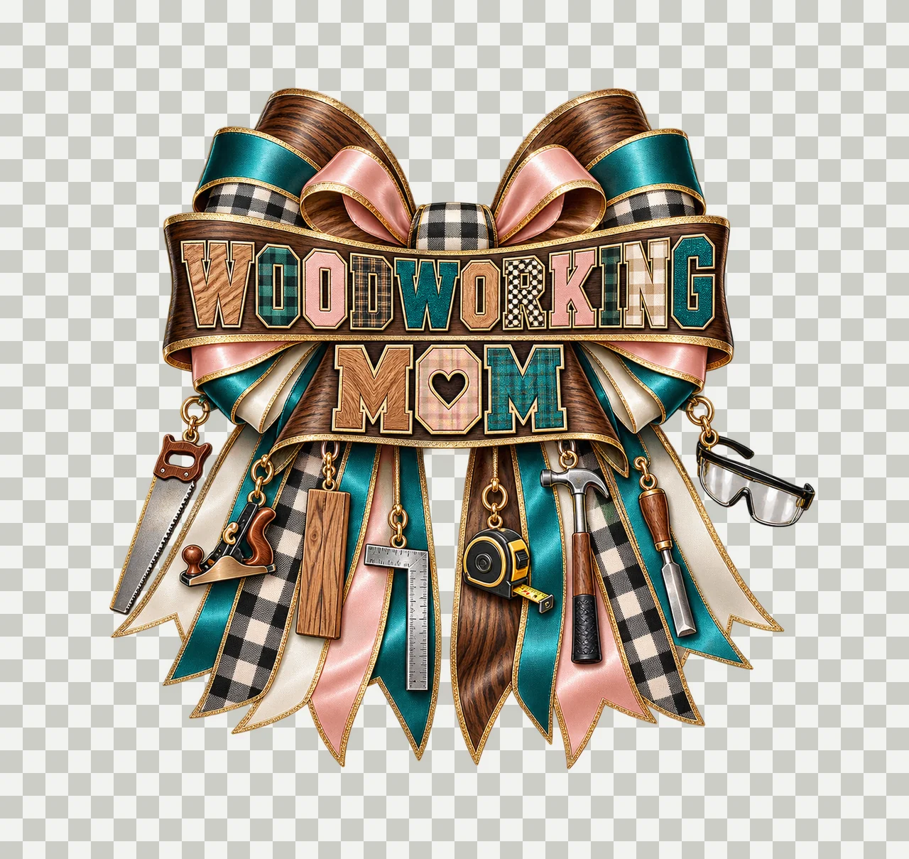 Woodworking Mom Bow Charm PNG, Patterned Varsity Mom Ribbon Clipart, Transparent Sublimation Digital Download transparency and detail preview thumbnail