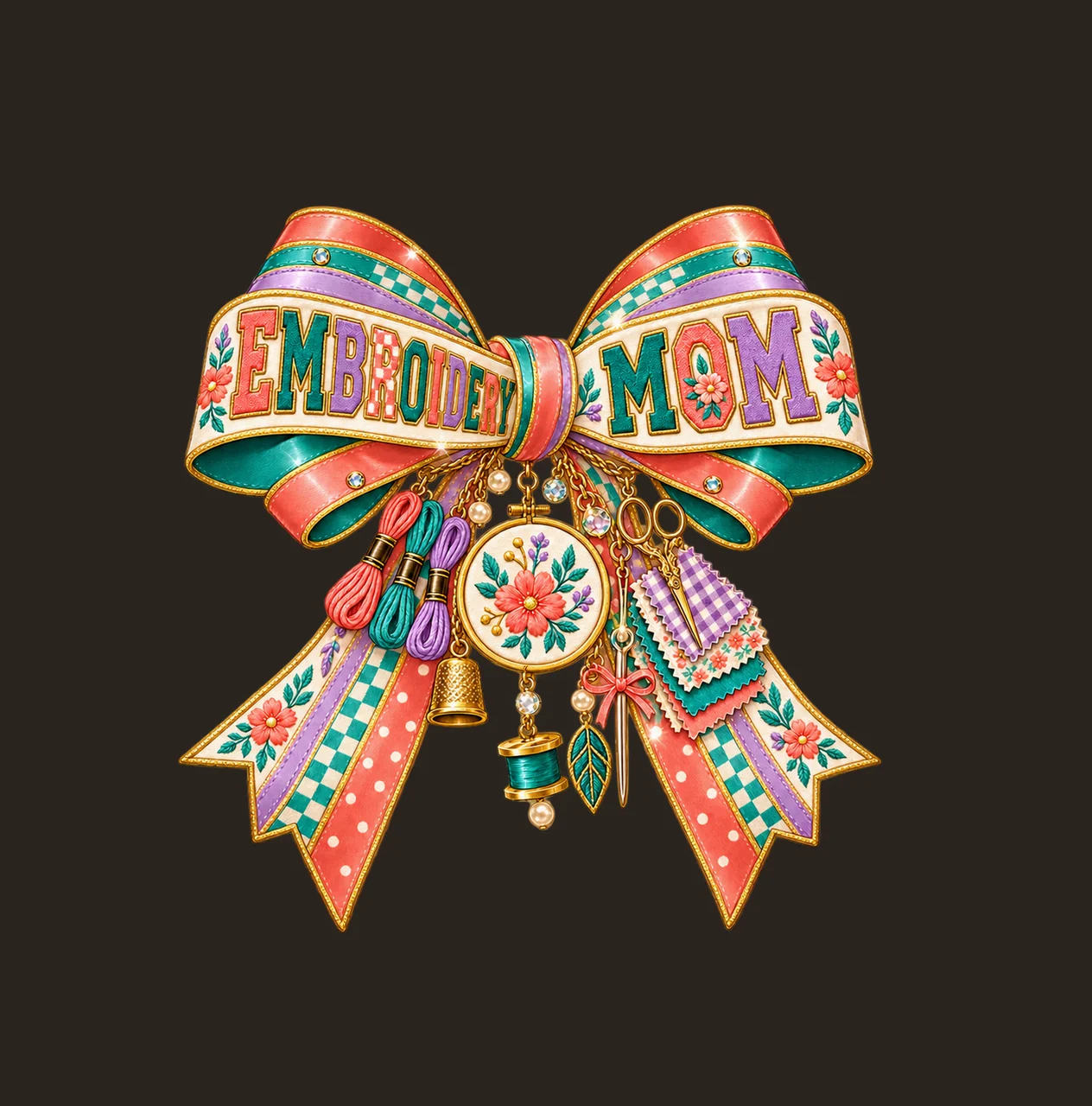 Embroidery Mom Bow Charm PNG, Patterned Varsity Mom Ribbon Clipart, Transparent Sublimation Digital Download contrast preview thumbnail