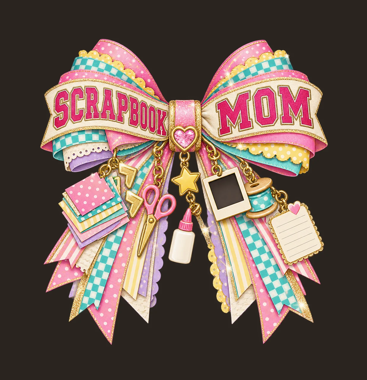 Scrapbook Mom Bow Charm PNG, Patterned Varsity Mom Ribbon Clipart, Transparent Sublimation Digital Download contrast preview thumbnail