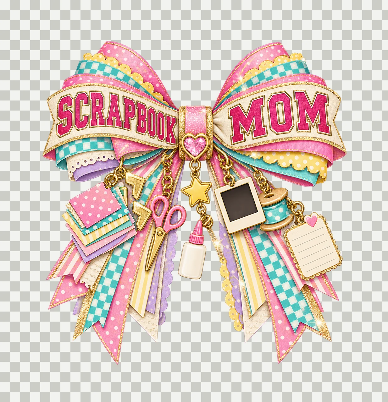 Scrapbook Mom Bow Charm PNG, Patterned Varsity Mom Ribbon Clipart, Transparent Sublimation Digital Download transparency and detail preview thumbnail
