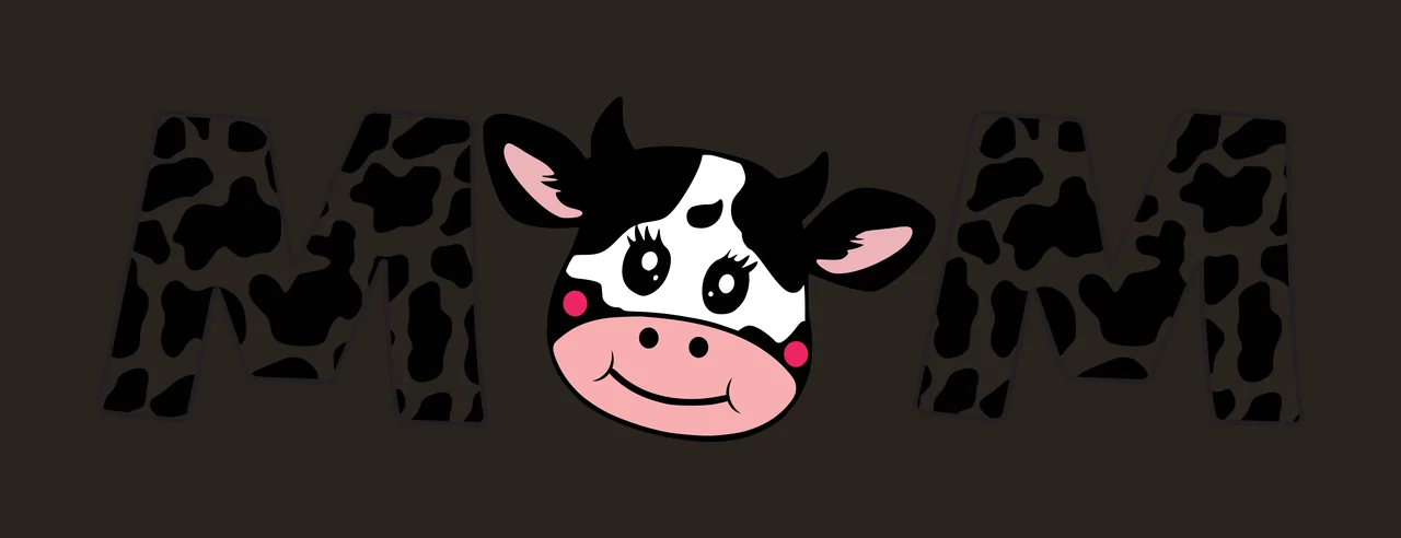 MOM Typography Design with cow print letter M, cartoon cow head, pink snout and horns in black and white contrast preview thumbnail