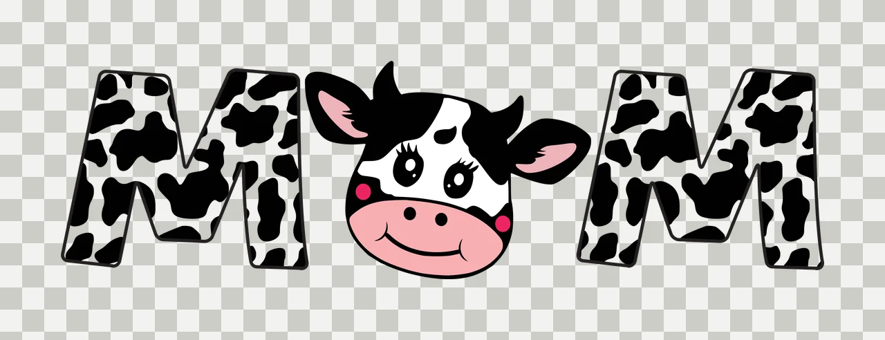 MOM Typography Design with cow print letter M, cartoon cow head, pink snout and horns in black and white transparency and detail preview thumbnail