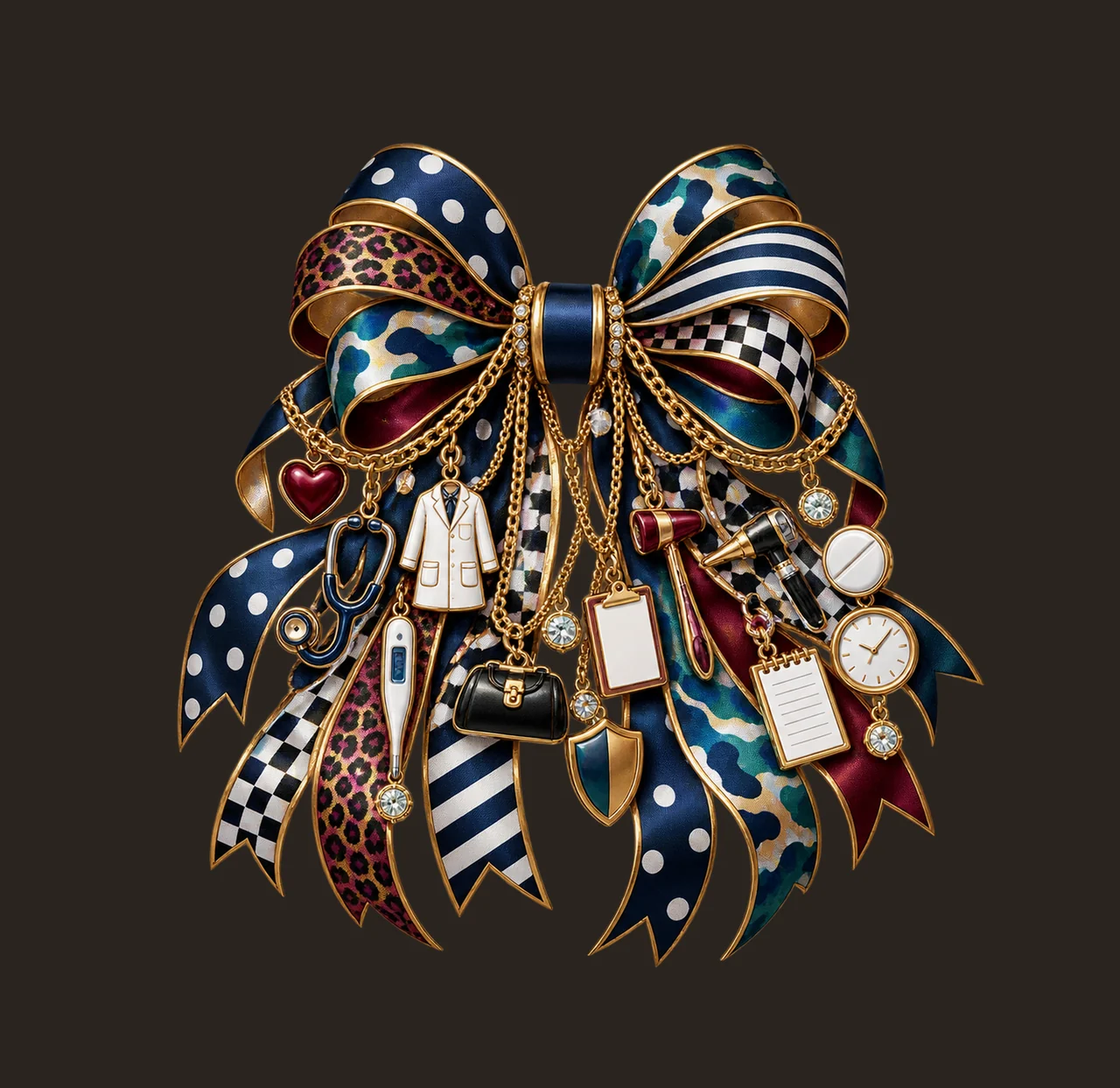 Doctor Physician Bow Charm PNG, Themed Gold Chain Charms, Coquette Ribbon Sublimation Design, Transparent Digital Download contrast preview thumbnail