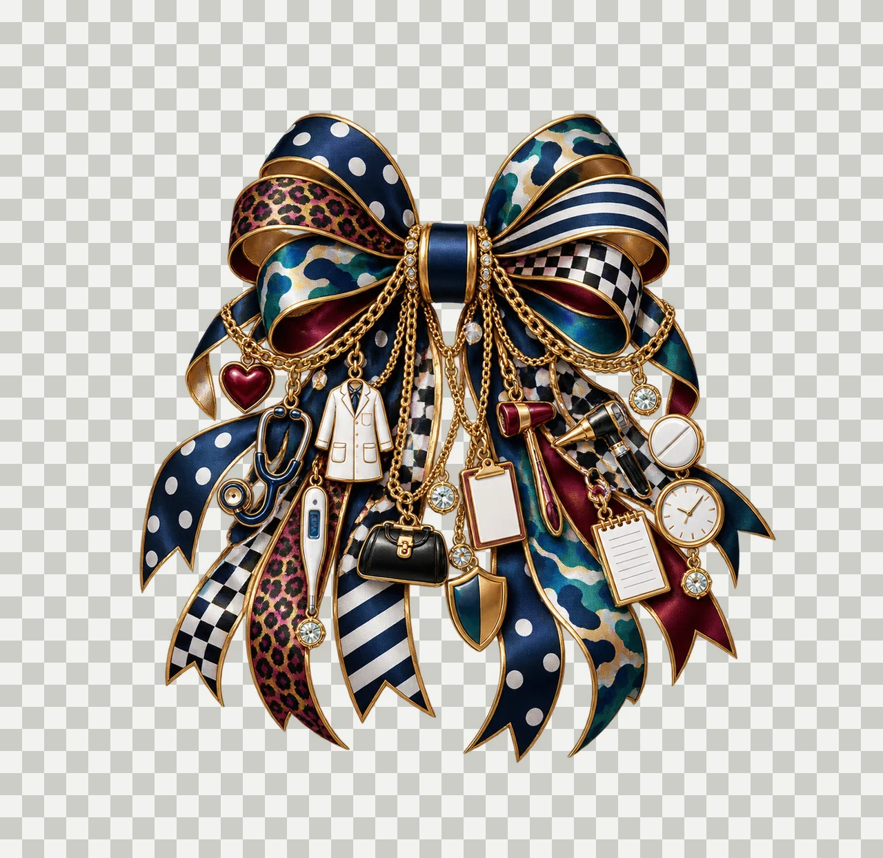 Doctor Physician Bow Charm PNG, Themed Gold Chain Charms, Coquette Ribbon Sublimation Design, Transparent Digital Download transparency and detail preview thumbnail
