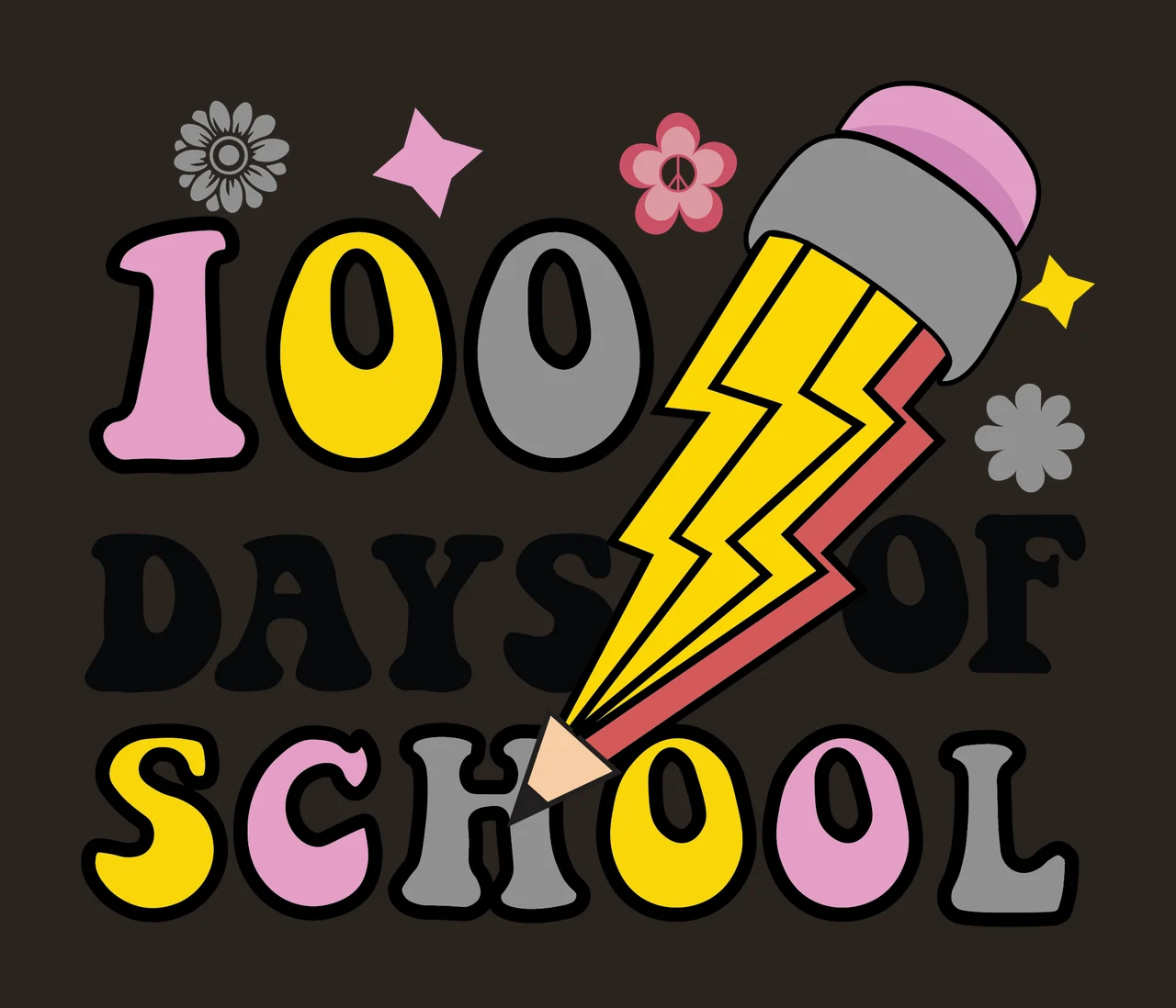 100 Days Of School Graphic pencil flowers stars black white contrast preview thumbnail