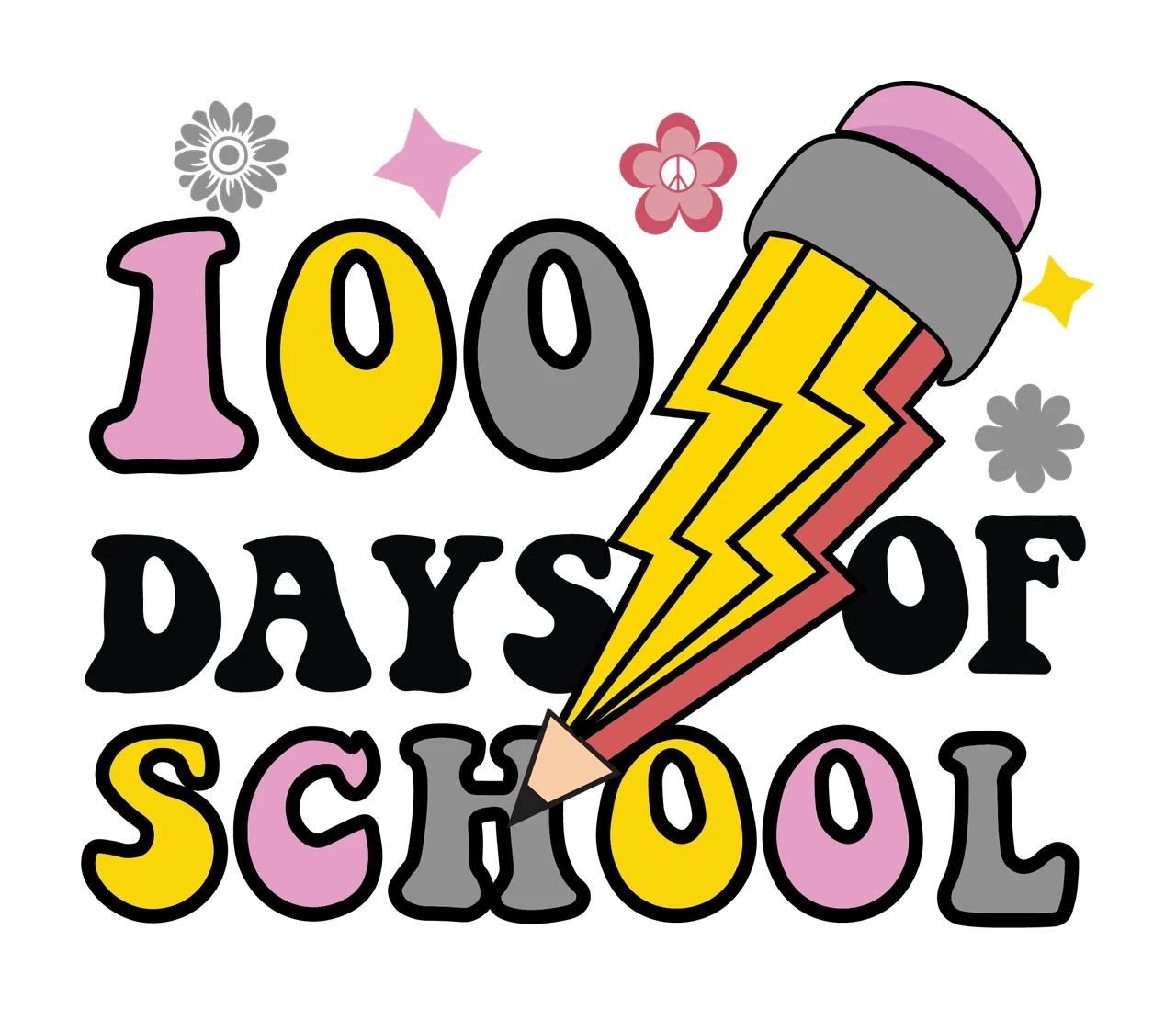 100 Days Of School Graphic pencil flowers stars black white