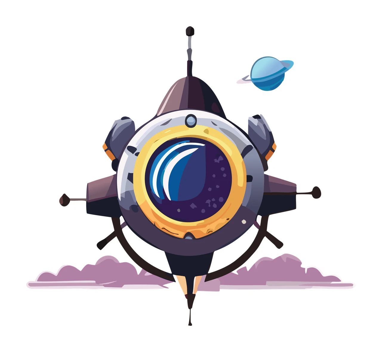 Space Ship With Small Planet flying clouds silhouette black