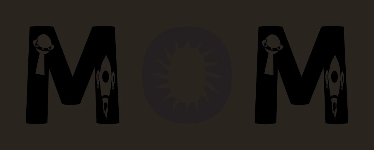 MOM Typography Design with letter M, ringed planet, rocket ship and sunburst in black and white contrast preview thumbnail
