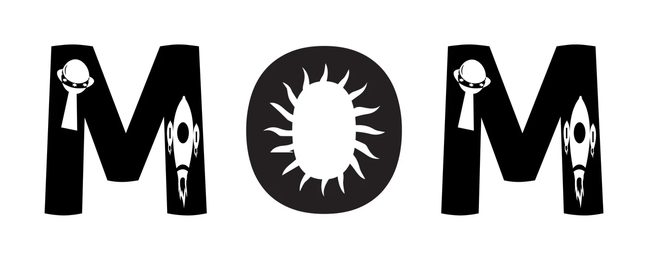 MOM Typography Design with letter M, ringed planet, rocket ship and sunburst in black and white