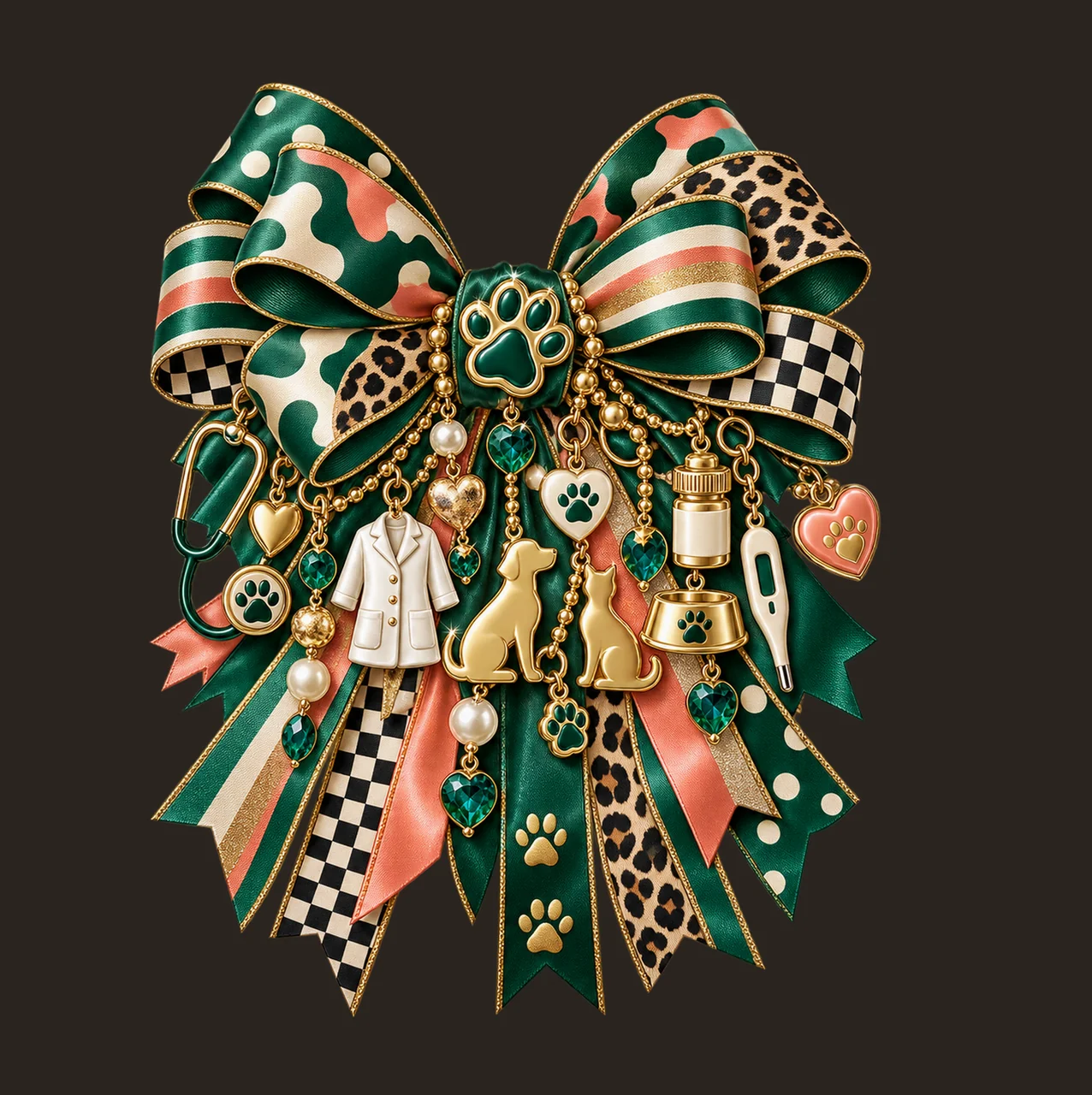 Veterinarian Bow Charm PNG, Themed Gold Chain Charms, Coquette Ribbon Sublimation Design, Transparent Digital Download contrast preview thumbnail