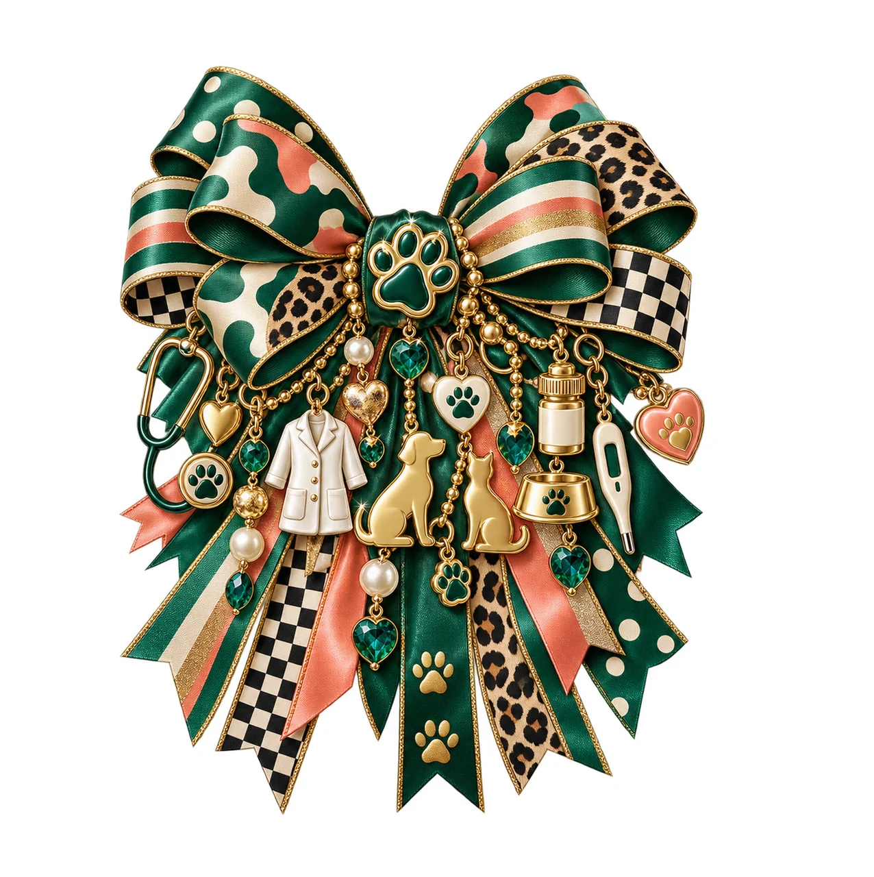 Veterinarian Bow Charm PNG, Themed Gold Chain Charms, Coquette Ribbon Sublimation Design, Transparent Digital Download