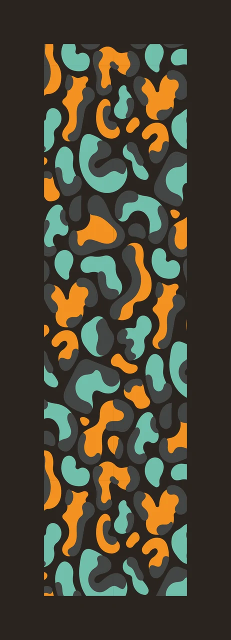 Leopard spot pattern Illustration with abstract spots, rosettes, blobs and vertical banner in teal, orange and dark grey contrast preview thumbnail