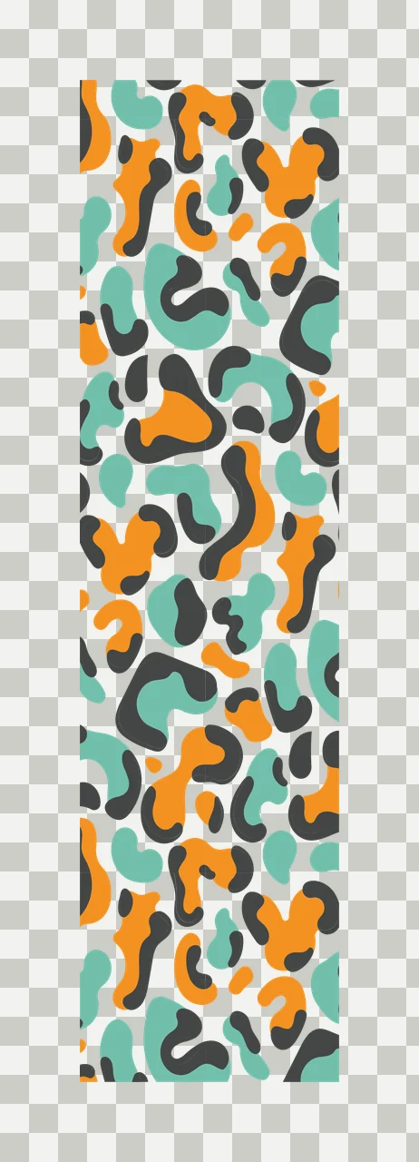 Leopard spot pattern Illustration with abstract spots, rosettes, blobs and vertical banner in teal, orange and dark grey transparency and detail preview thumbnail