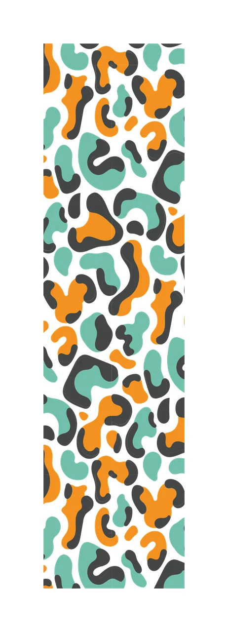 Leopard spot pattern Illustration with abstract spots, rosettes, blobs and vertical banner in teal, orange and dark grey