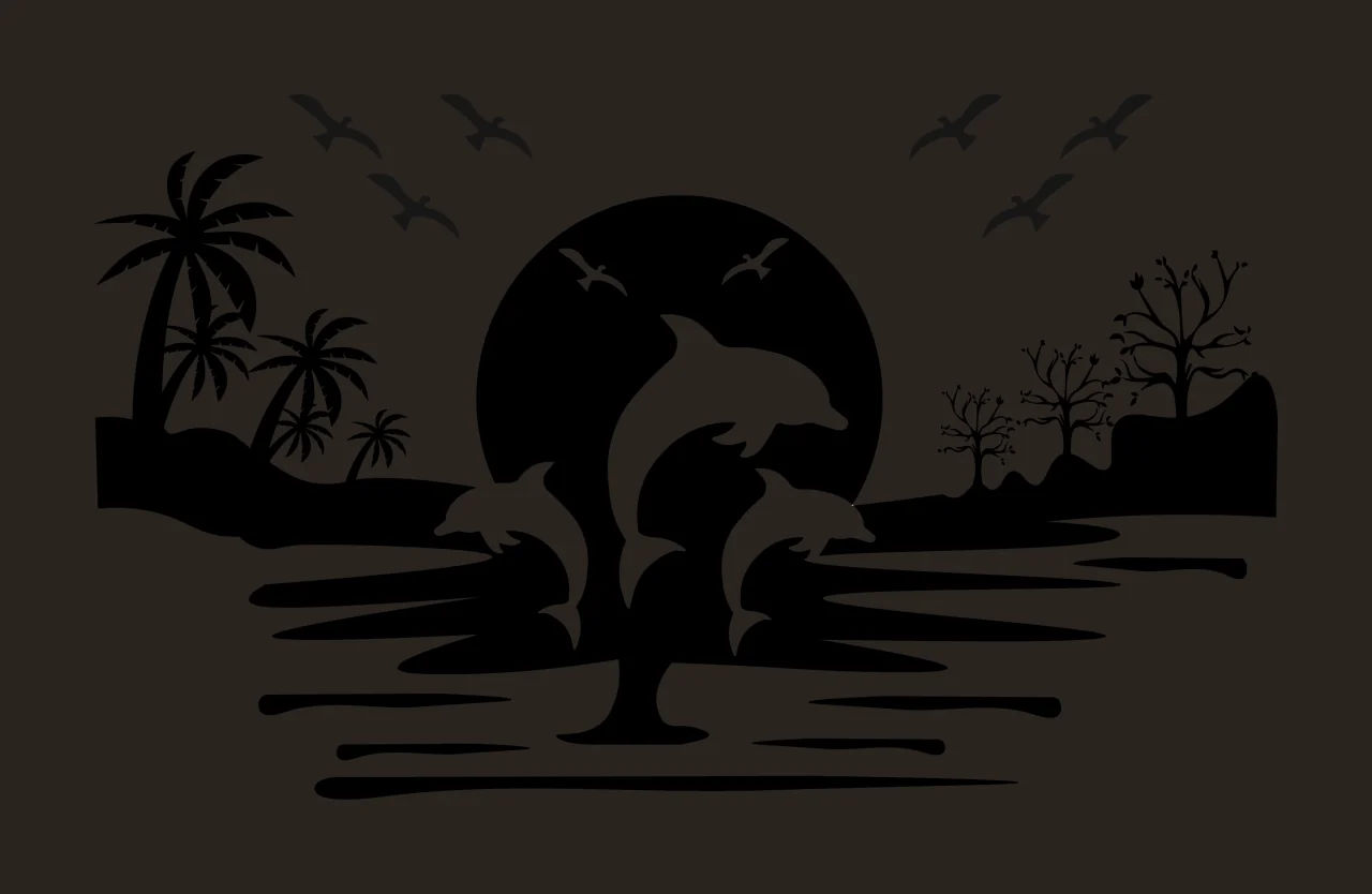 Palm Tree Dolphins Jumping At Sunset Over Water sun bird silhouette contrast preview thumbnail