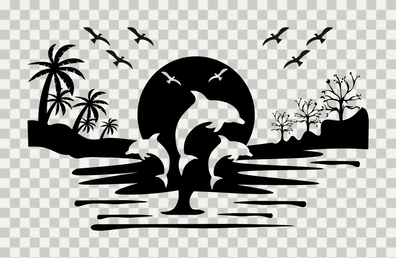 Palm Tree Dolphins Jumping At Sunset Over Water sun bird silhouette transparency and detail preview thumbnail
