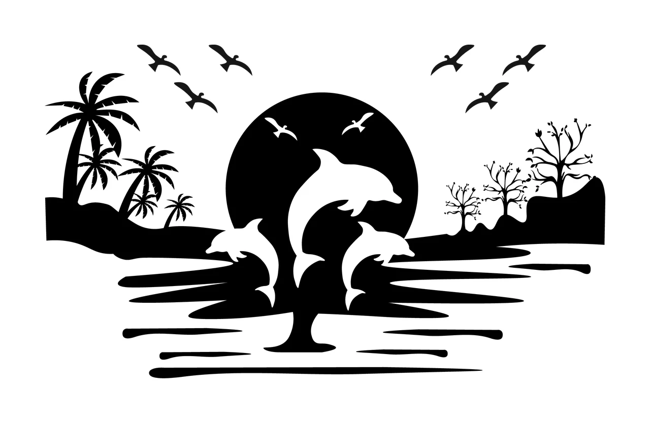 Palm Tree Dolphins Jumping At Sunset Over Water sun bird silhouette