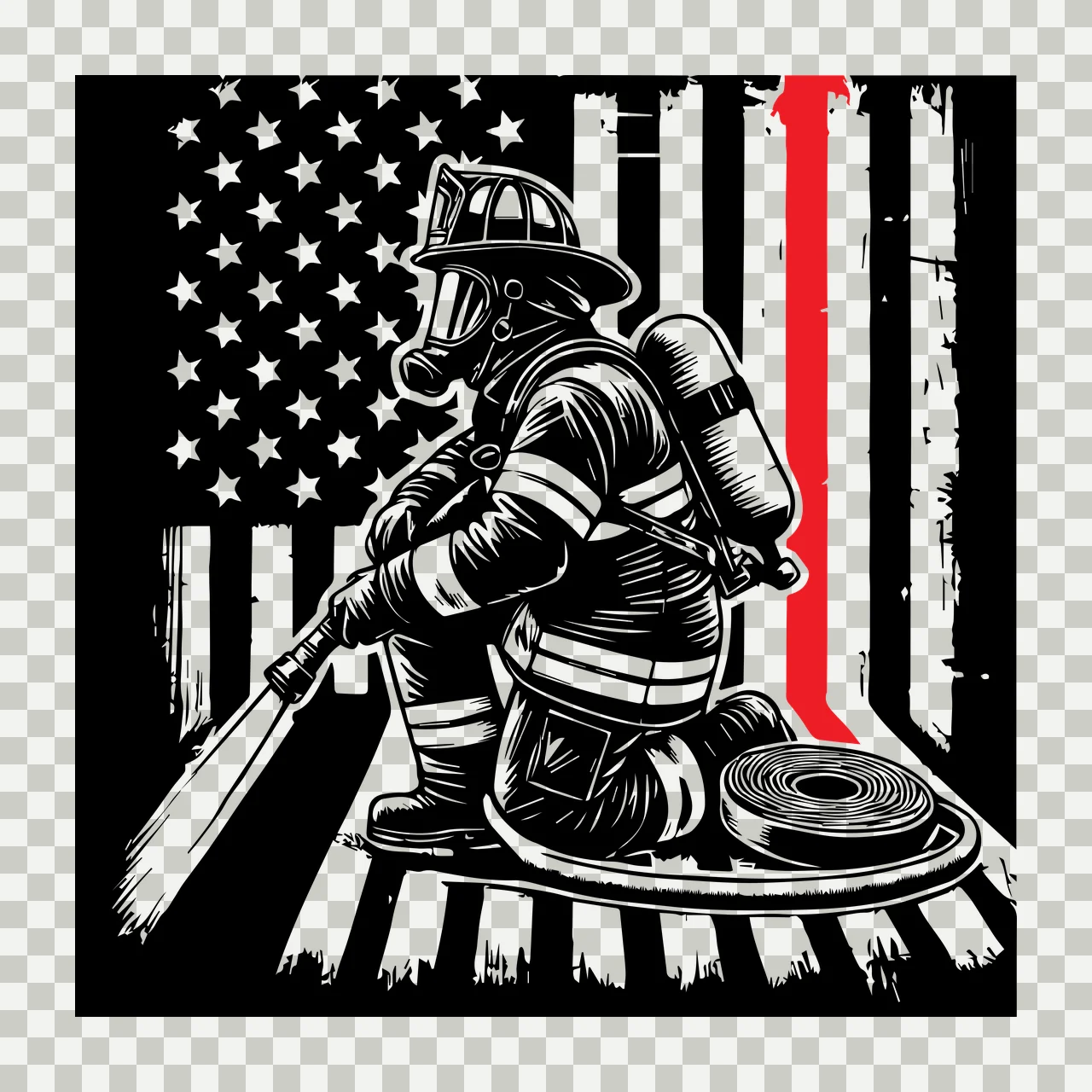 Flag Firefighter Kneeling Before Us helmet mask air tank hose transparency and detail preview thumbnail